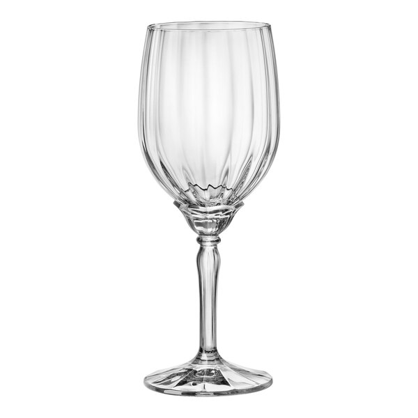 A close-up of a Bormioli Rocco Florian white wine glass with a clear stem.