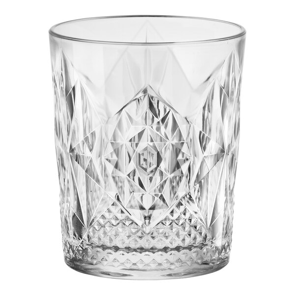 A close-up of a clear Bormioli Rocco Stone glass with a diamond pattern.