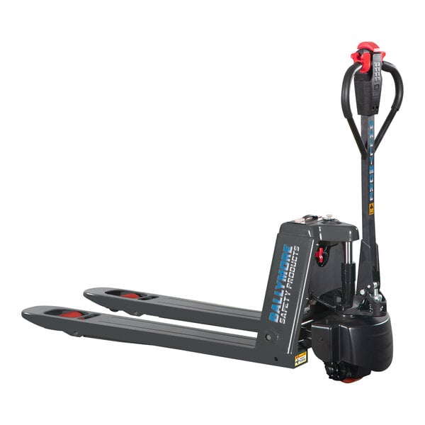 A Ballymore lithium battery-powered pallet truck with a red handle and black wheels.