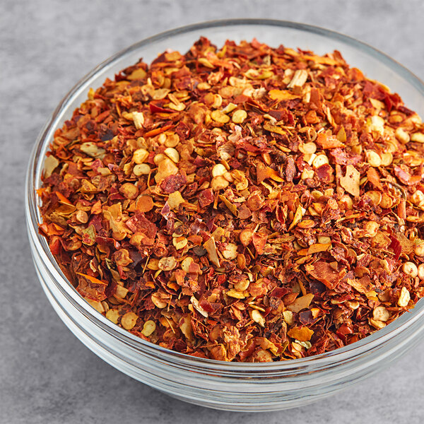 A bowl of Kari-Out Company Crushed Red Chilies.