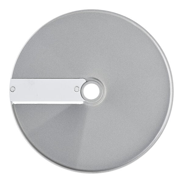A silver Robot Coupe slicing disc with a hole in the center and a white handle.
