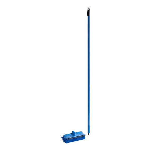 A blue bi-level floor and wall scrub brush with a squeegee and a 60-inch metal handle.