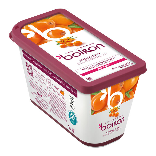 A rectangular container of Les Vergers Boiron Sea Buckthorn 100% fruit puree.