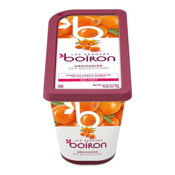 A rectangular container of Les Vergers Boiron Sea Buckthorn 100% fruit puree.