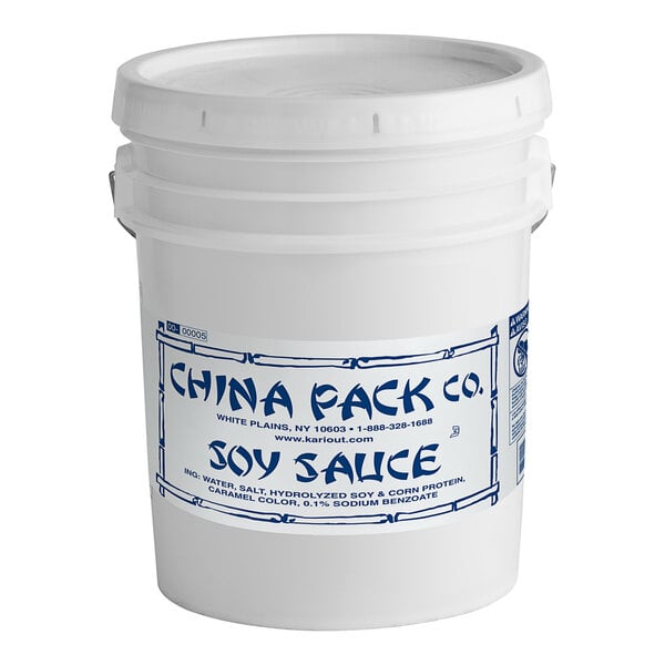A white Kari-Out Company bucket of soy sauce with blue labeling.