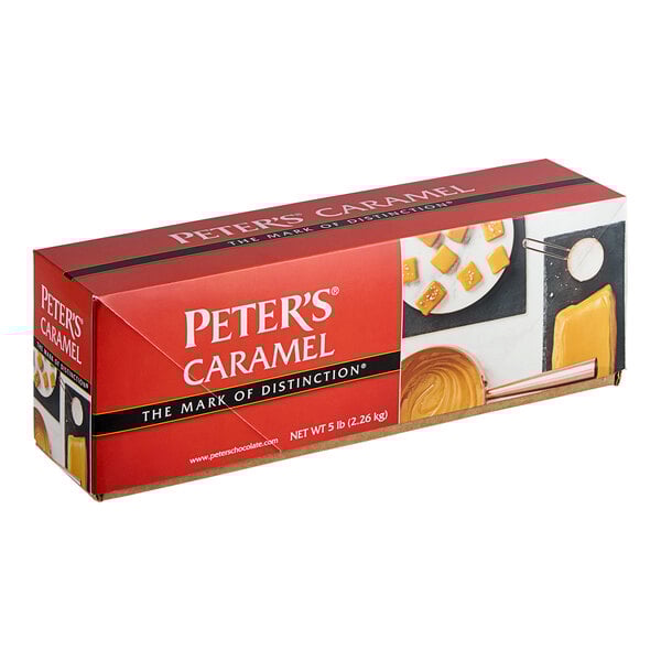 A red box of Peter's Chocolate Caramel Loaf with white text.