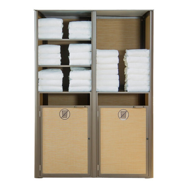 A Grosfillex double unit cabinet with two shelves holding stacked towels.