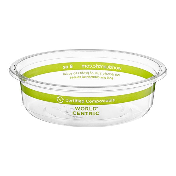 A clear World Centric compostable deli container on a counter.