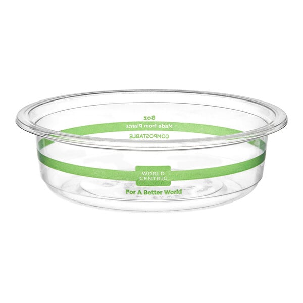A clear, round 8 oz. compostable deli container made from plant-based PLA plastic.