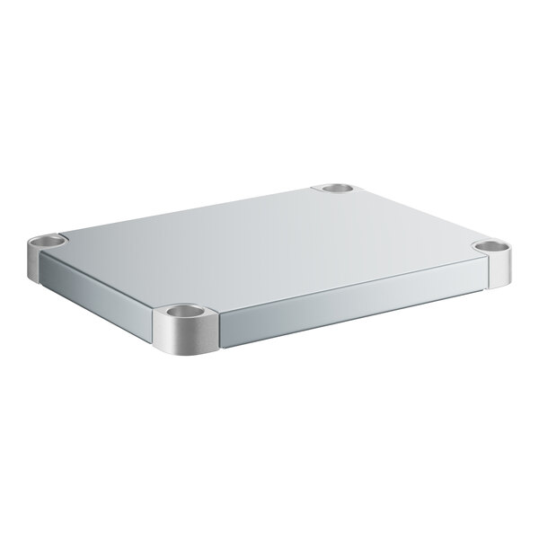 A silver metal rectangular shelf with metal corners and holes.