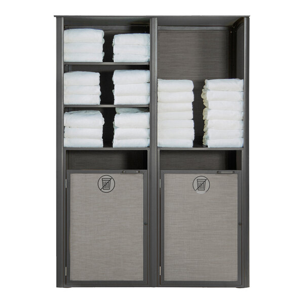 A gray Grosfillex double towel valet with towels stacked on top.