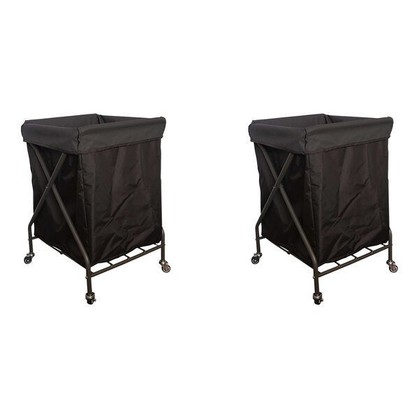 A Grosfillex double unit towel valet with black covers on wheels.