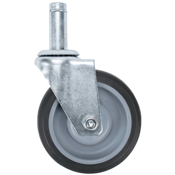 A close-up of a Metro Super Erecta caster wheel with a black rubber tire and metal wheel.