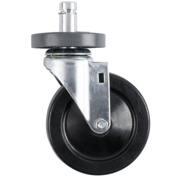 A close-up of a black and silver Metro Super Erecta rubber caster wheel.