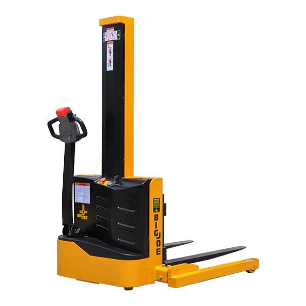 A yellow and black Big Joe electric walkie straddle stacker.