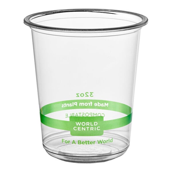 A clear 32 oz. compostable PLA deli container with green labeling from World Centric.