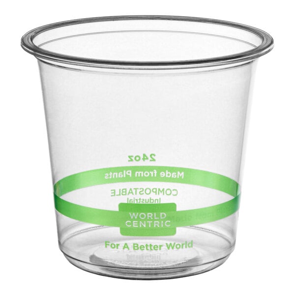 A clear 24 oz. compostable deli container made from plant-based PLA plastic.