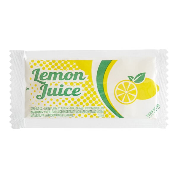 A Kari-Out Company lemon juice packet with a yellow and green label.