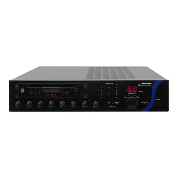 A close-up of a black Speco Technologies PBM-A series PA mixer amplifier with knobs and dials.