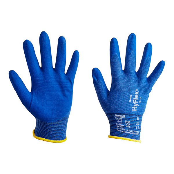 A close-up of Ansell HyFlex 11-818 blue gloves with blue palm coating.