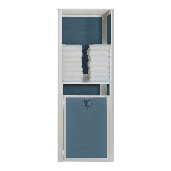 A white and blue Grosfillex towel valet with white towels on a shelf.