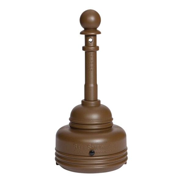 A brown plastic Eagle Manufacturing SafeSmoker cigarette receptacle with a round ball on top.