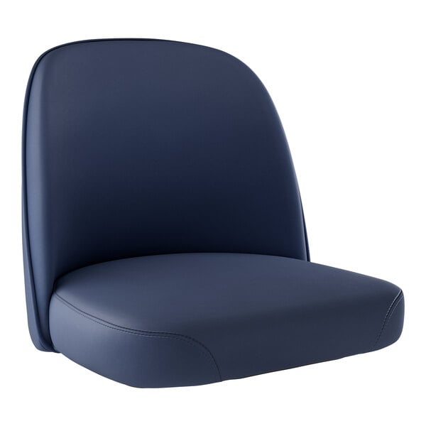 A close up of a navy blue Lancaster Table & Seating bucket chair with a black vinyl seat.