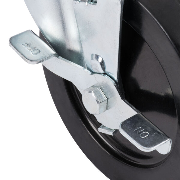 A close-up of a black Metro Super Erecta rubber caster wheel.
