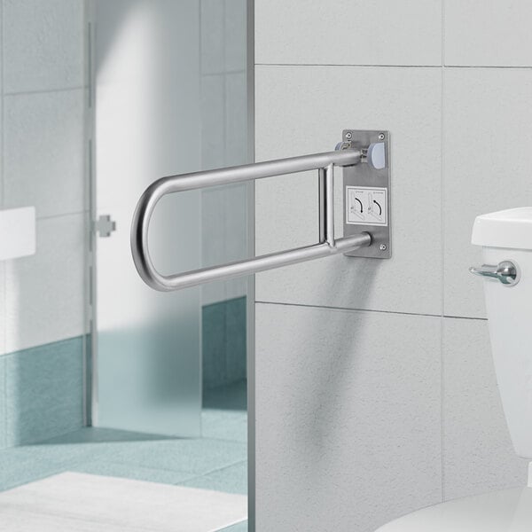 A Lavex swing-up grab bar with a satin finish on a white tile wall.