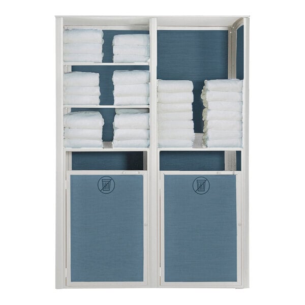 A white and blue Grosfillex double unit towel valet with towels on the shelf.