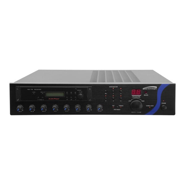 A close-up of a black Speco Technologies PA mixer amplifier with knobs and dials.