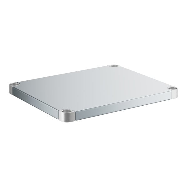 A silver metal rectangular undershelf with metal corners.