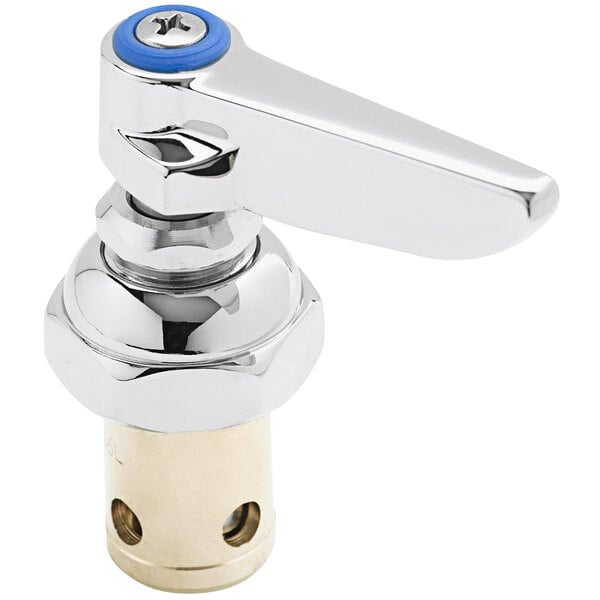 A T&S chrome and blue Eterna left hand cold faucet spindle.