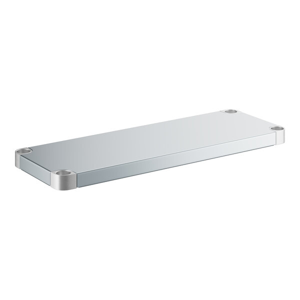 A silver galvanized steel rectangular shelf with metal corners.