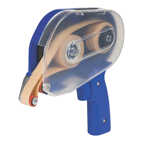 A blue and white Shurtape pistol-grip adhesive transfer tape dispenser.