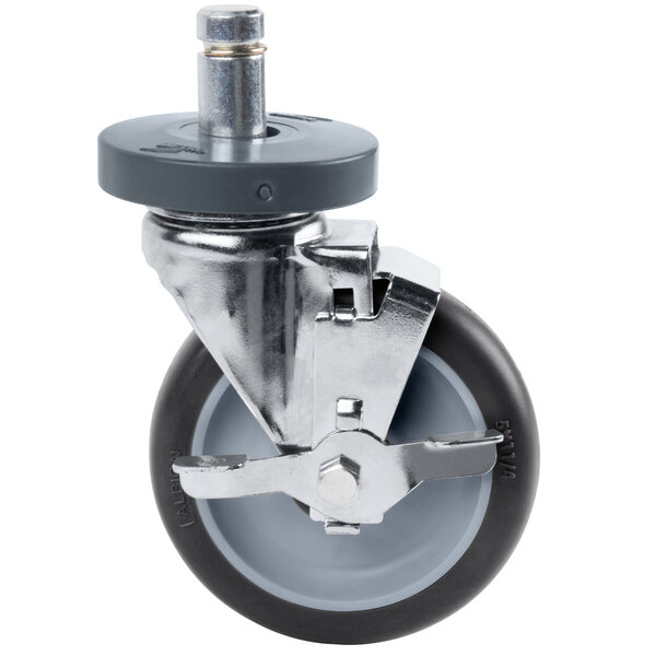 A Metro Super Erecta poly caster with a metal wheel and rubber tire on a grey frame.