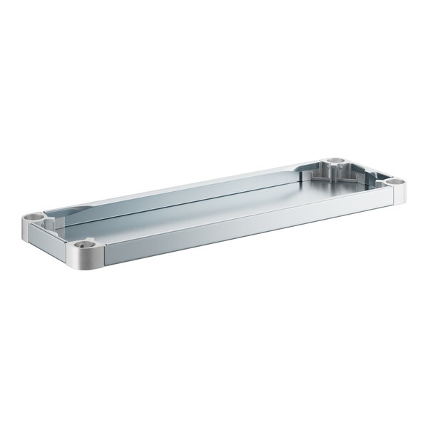 A rectangular galvanized steel undershelf with screws.