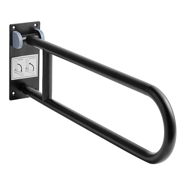 A Lavex stainless steel matte black swing-up grab bar with blue handles.