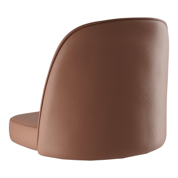 A Lancaster Table & Seating dark brown vinyl bucket seat cushion on a chair with a white background.