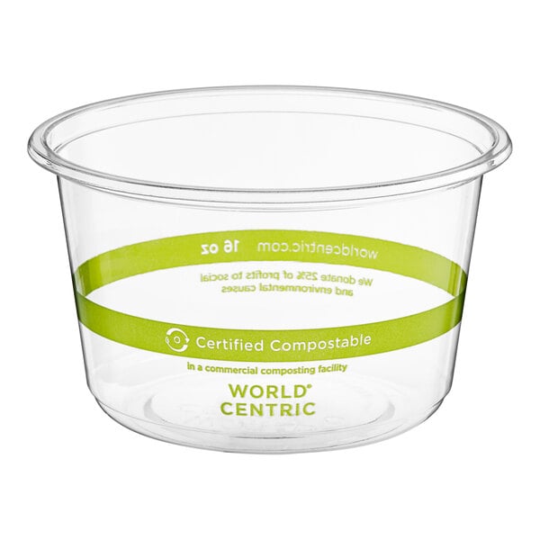 A clear plastic World Centric deli container with a green stripe.