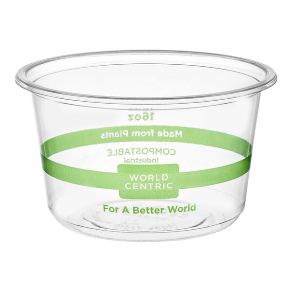 A clear 16 oz. compostable deli container made from PLA, featuring green labeling and branding from World Centric.