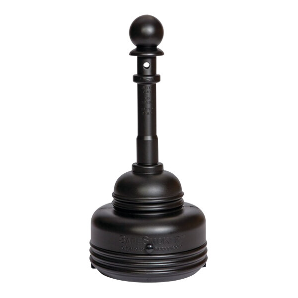 A black polyethylene cigarette receptacle with a round metal ball on top.