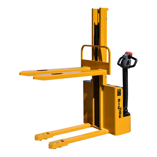 A Big Joe yellow warehouse stacker with a black handle.