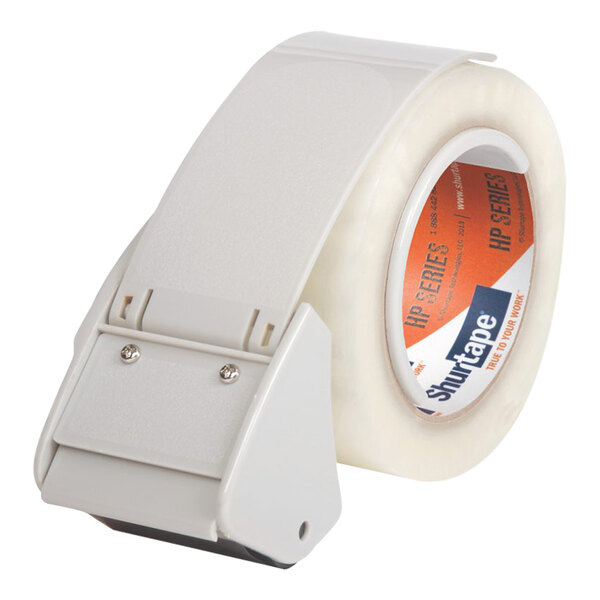 A roll of adhesive tape in a white clamshell cover.