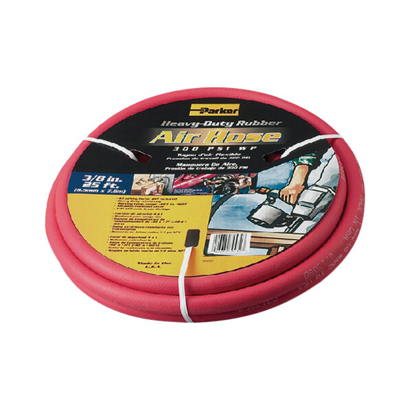 A close-up of a red Parker heavy-duty rubber air hose.