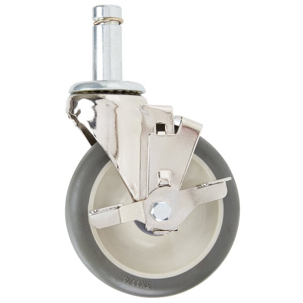 A close-up of a Metro Max polyurethane castor wheel with a metal and rubber wheel.