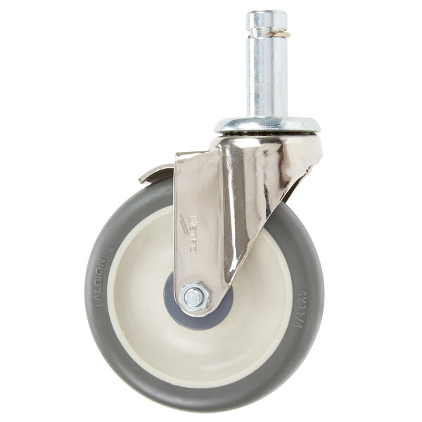 A Metro Max polyurethane caster with a metal wheel and brake.
