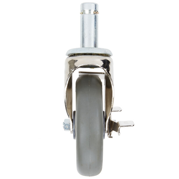 A Metro Max polyurethane caster wheel with a metal stem and a chrome wheel.