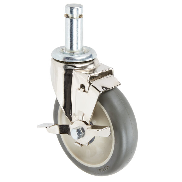 A Metro Max polyurethane castor with a metal screw and brake.