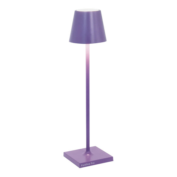 A lilac Zafferano America Poldina Pro table lamp with a white shade.